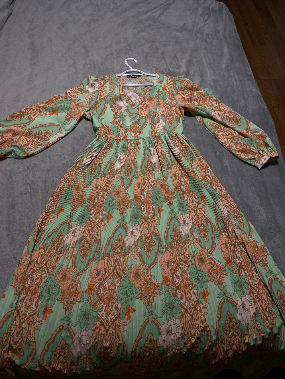 Mint Green Floral Maxi Dress with Peach Paisley Print